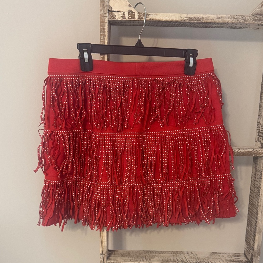 Free the Roses Red Beaded Fringe Mini Skirt